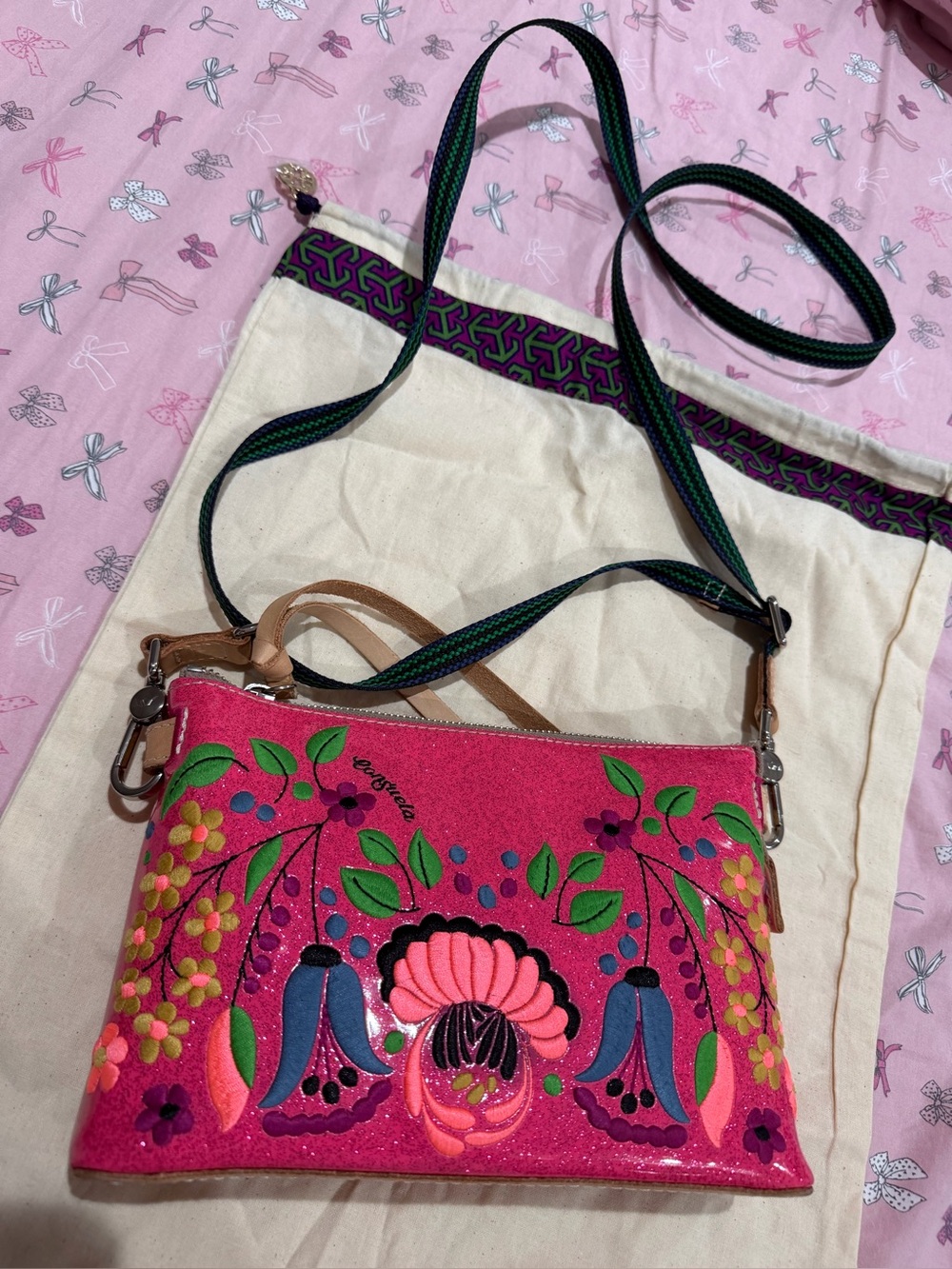 Consuela Embroidered Crossbd FloralGlitter Leather Adjustable Strap Artisan Boho